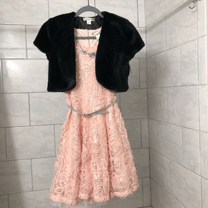 Pink lace dress with faux fur bolero